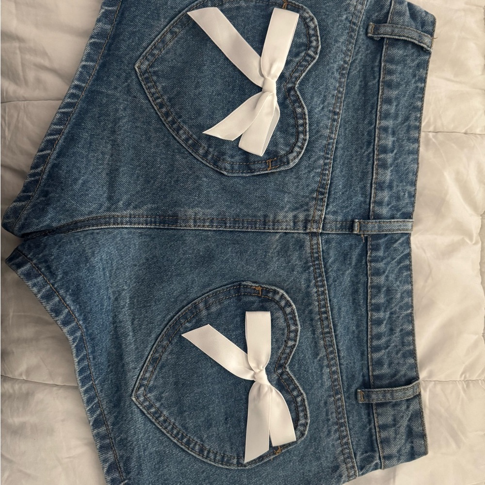 Heart Pocket Denim Shorts with White Bows